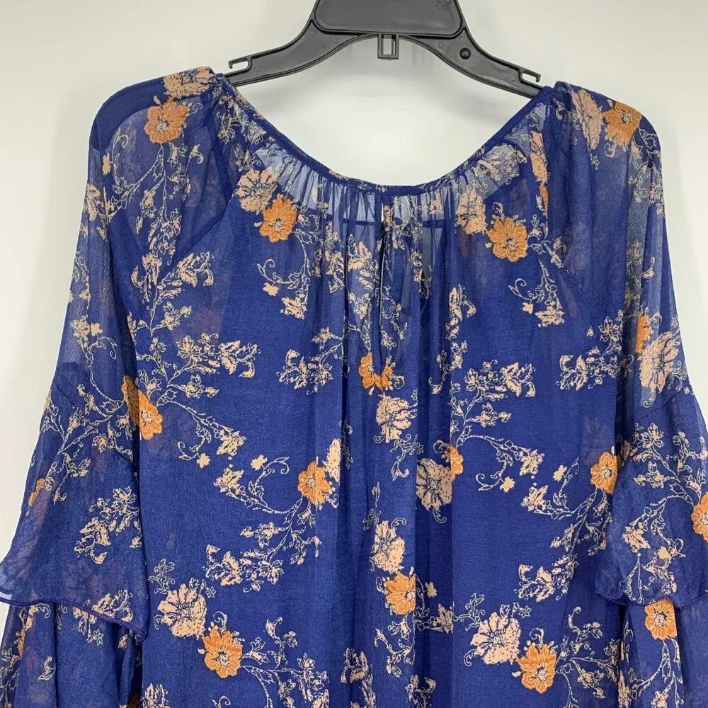 Free People Dress Sunsetter Mini Blue Floral Tiered Ruffle Bell Sleeve